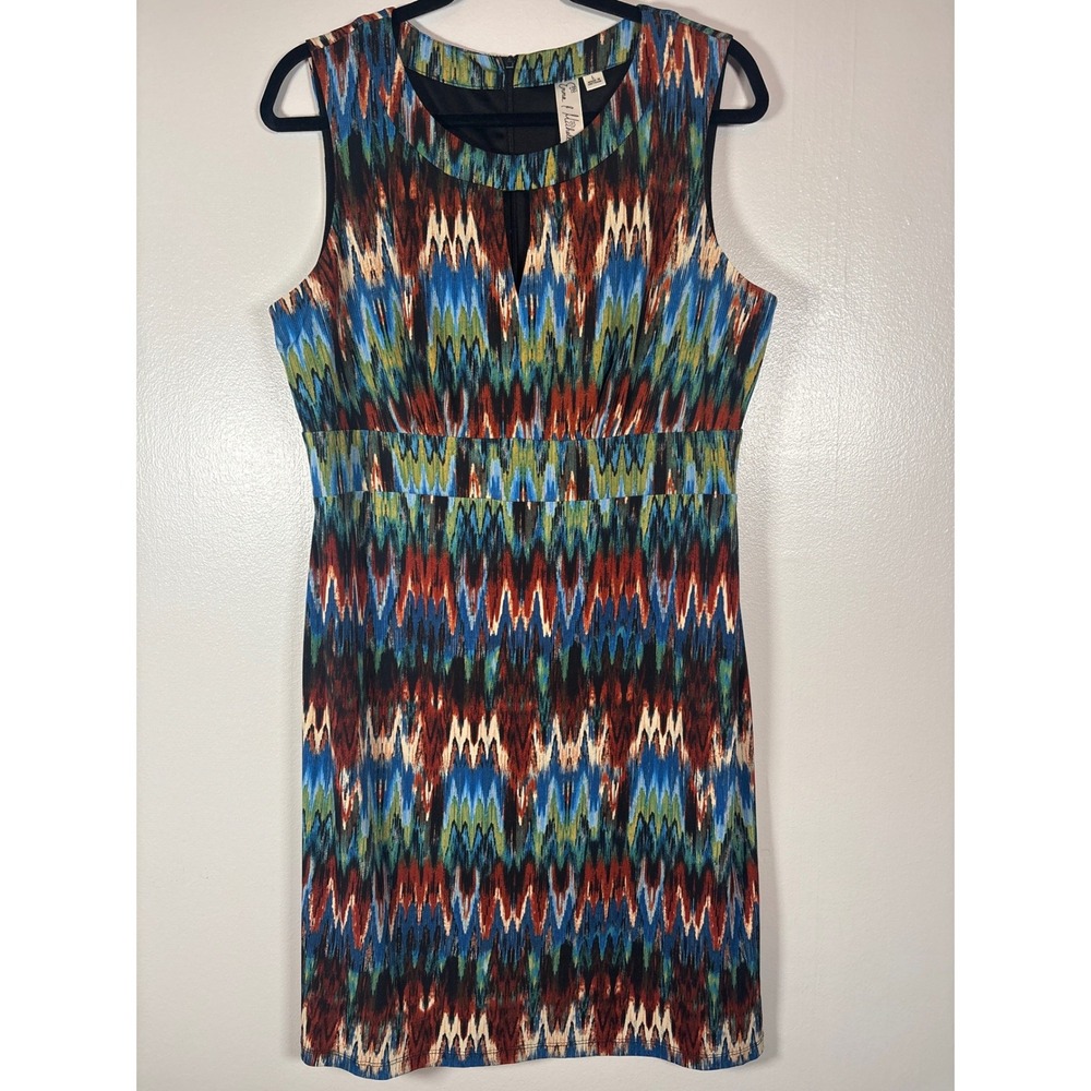 Emma & Michele Womens Ikat‎ Zig Zag Print Sleeveless Keyhole Dress Multi Color L